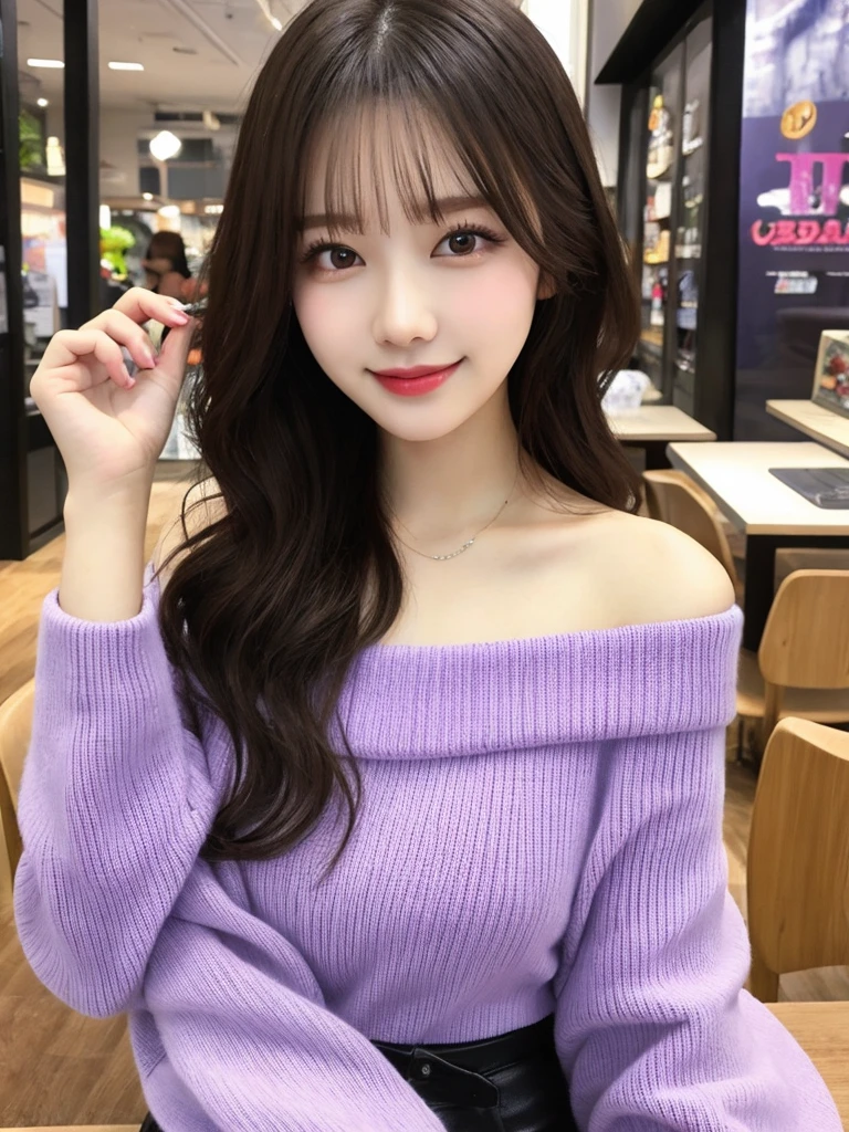 Tabletop、Highest quality、figure、Super detailed、In detail、High resolution、8k wallpaper、Perfect dynamic composition、Beautiful attention to detail、Pale violet off-shoulder knitwear for women、Wavy Hair、Natural color lip、Bold sexy pose、smile、Harajuku、20-year-old girl、cute、sexy shot looking at camera、Ultra-realistic raw photos