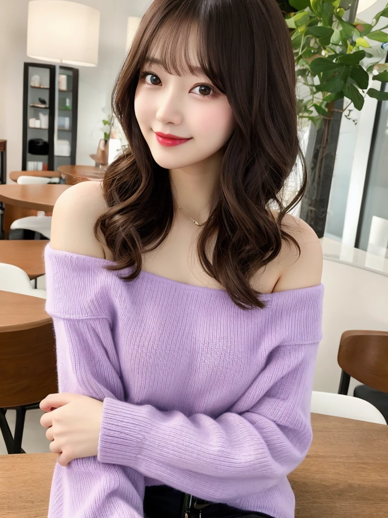 Tabletop、Highest quality、figure、Super detailed、In detail、High resolution、8k wallpaper、Perfect dynamic composition、Beautiful attention to detail、Pale violet off-shoulder knitwear for women、Wavy Hair、Natural color lip、Bold sexy pose、smile、Harajuku、20-year-old girl、cute、sexy shot looking at camera、Ultra-realistic raw photos