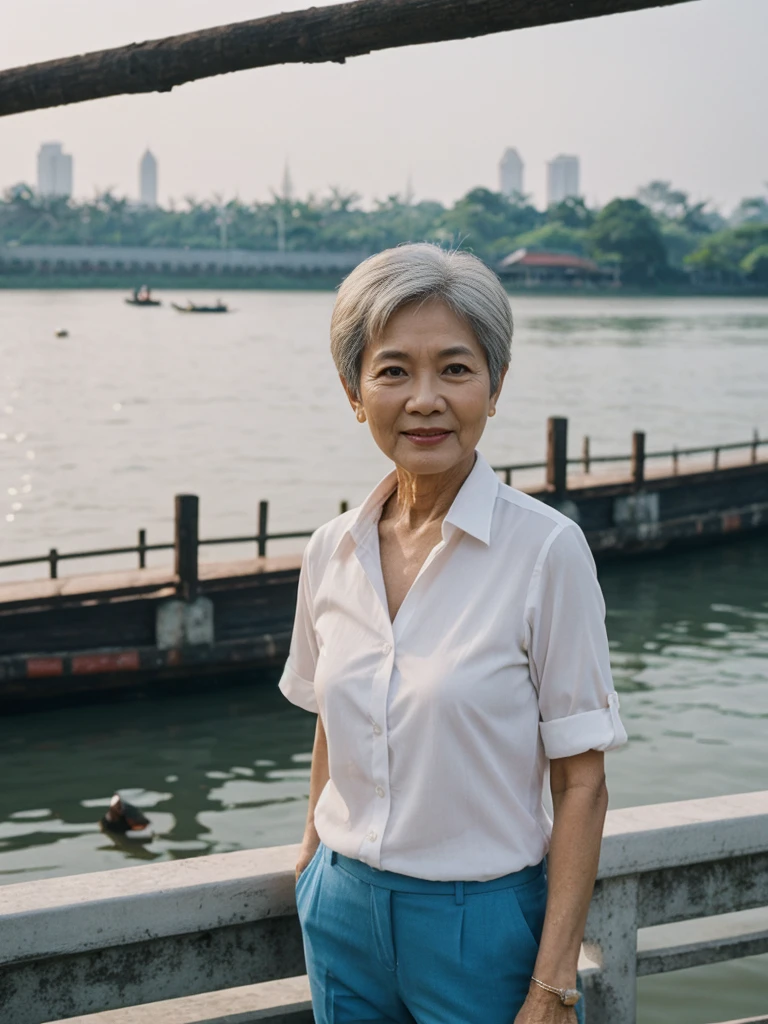 Khin Than Nu, RAW PHOTO, her name is Chariya, high quality, 1 old woman, ((58-year-old slim THAI woman)), (((58 years old))), ((slim body)), ((wrinkled body)), (((old body))), (((short hair))), she is wearing a fashionable stylish Generation X wear different colors, POSE: standing, BREAK, BACKGROUND: outdoor, Along the tranquil banks of the Chao Phraya River, film grain