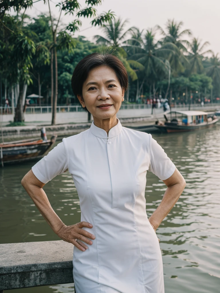 Khin Than Nu, RAW PHOTO, her name is Chariya, high quality, 1 old woman, ((58-year-old slim THAI woman)), (((58 years old))), ((slim body)), ((wrinkled body)), (((old body))), (((short hair))), she is wearing a fashionable stylish Generation X wear different colors, POSE: standing, BREAK, BACKGROUND: outdoor, Along the tranquil banks of the Chao Phraya River, film grain