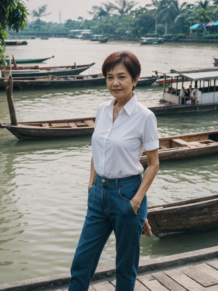 Khin Than Nu, RAW PHOTO, her name is Chariya, high quality, 1 old woman, ((58-year-old slim THAI woman)), (((58 years old))), ((slim body)), ((wrinkled body)), (((old body))), (((short hair))), she is wearing a fashionable stylish Generation X wear different colors, POSE: standing, BREAK, BACKGROUND: outdoor, Along the tranquil banks of the Chao Phraya River, film grain