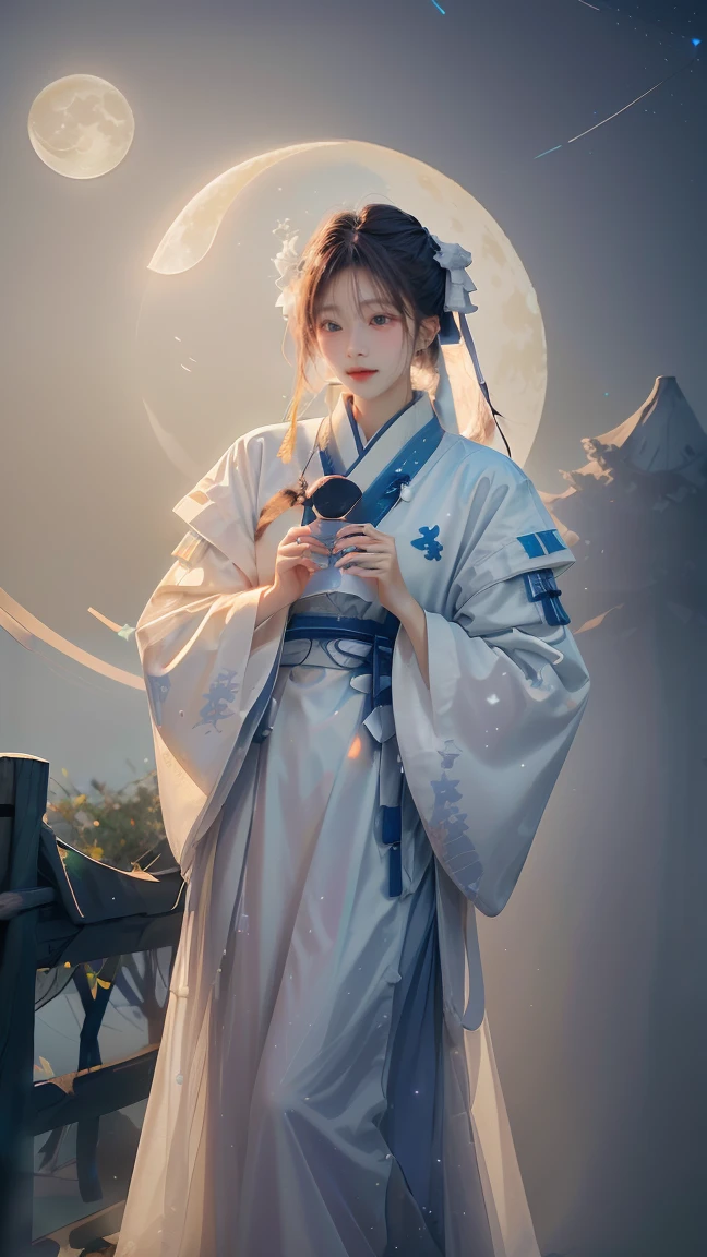 masterpiece, best quality,highres, 1girl, \(white, hanfu\), ((moon)), starry sky, (lighting particle), fog,paper lantern, autumn, autumn leaves,