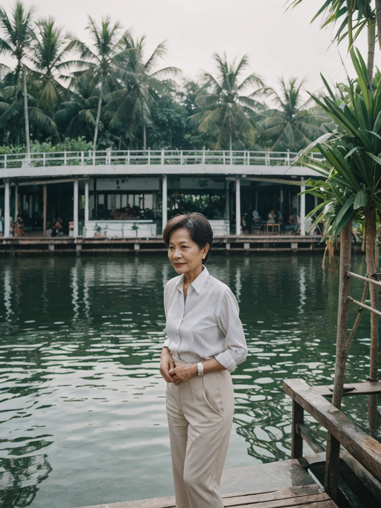 Khin Than Nu, RAW PHOTO, her name is Chariya, high quality, 1 old woman, ((58-year-old slim THAI woman)), (((58 years old))), ((slim body)), ((wrinkled body)), (((old body))), (((short hair))), she is wearing a fashionable stylish Generation X wear different colors, POSE: standing, BREAK, BACKGROUND: outdoor, Along the tranquil banks of the Chao Phraya River, film grain