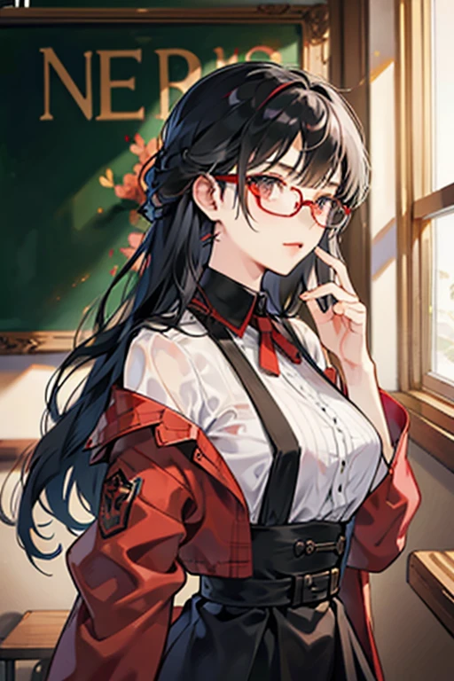 woman,Tall,I was picked up.,black hair,
,red triangle frame glasses,black noble dress,
,In front of the classroom board,
