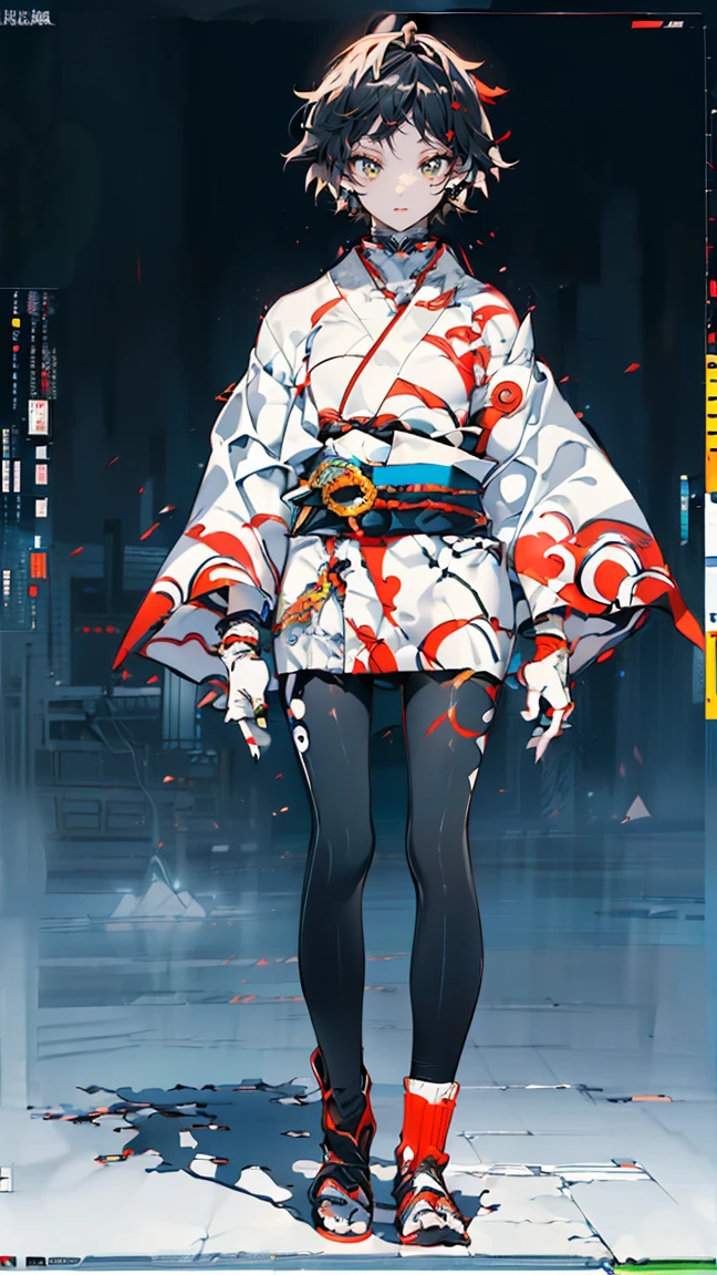 ((full body: 2)),((tachi-e:2.0)), ((character chart:1.5)),((uhd, masterpiece, super detail, best quality, highres, 8K)), (detailed line art), perfect face, Human, about 20 years old, (1 female),Black Hair,Yellow Mesh,Yellow Eyes,vivid color,Street fashion,calligraphy、short hair、cool、Pants Style