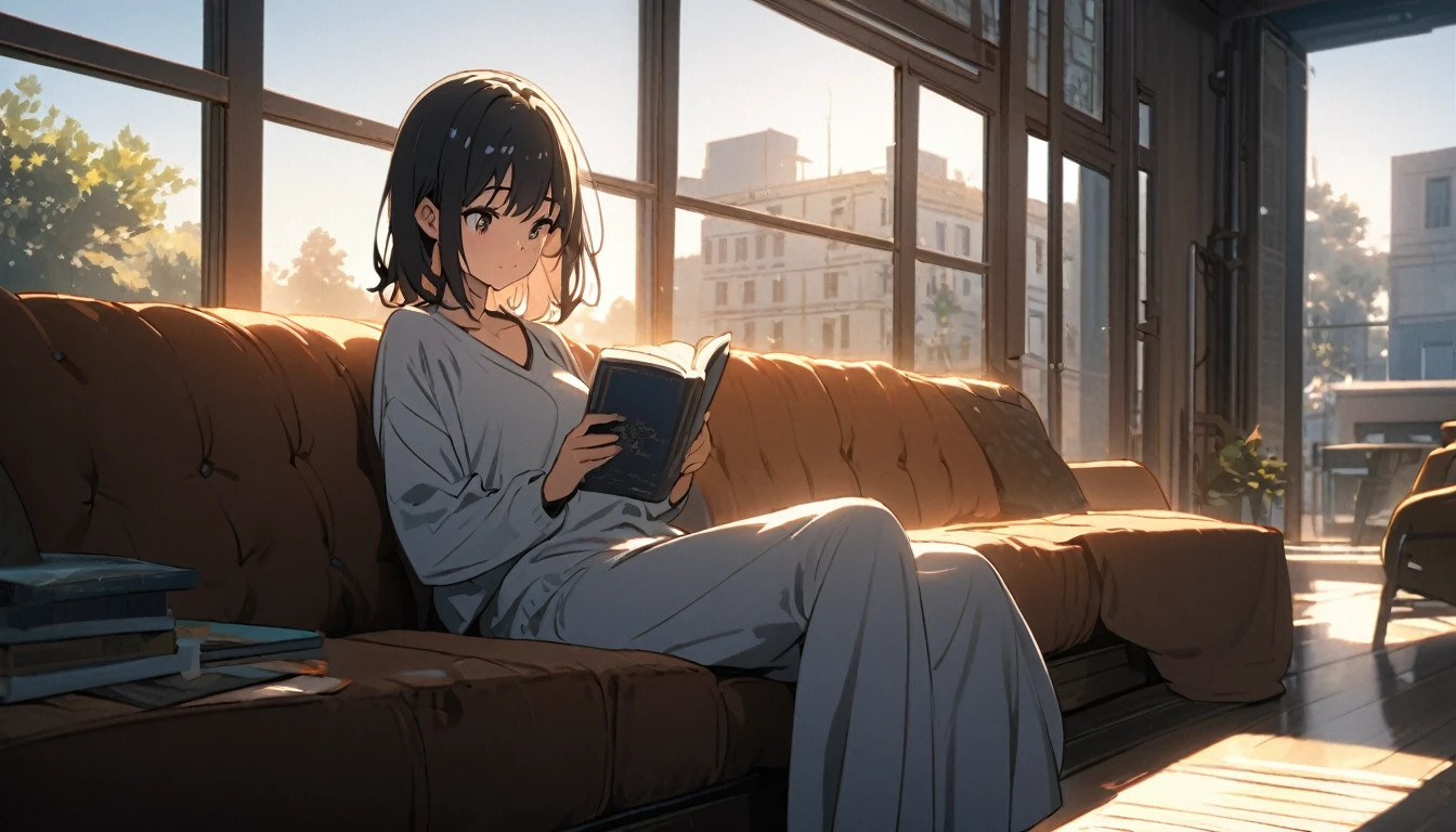 Girl sitting on sofa reading a book,In front of a large window,Morning sunlight,Streetscape
