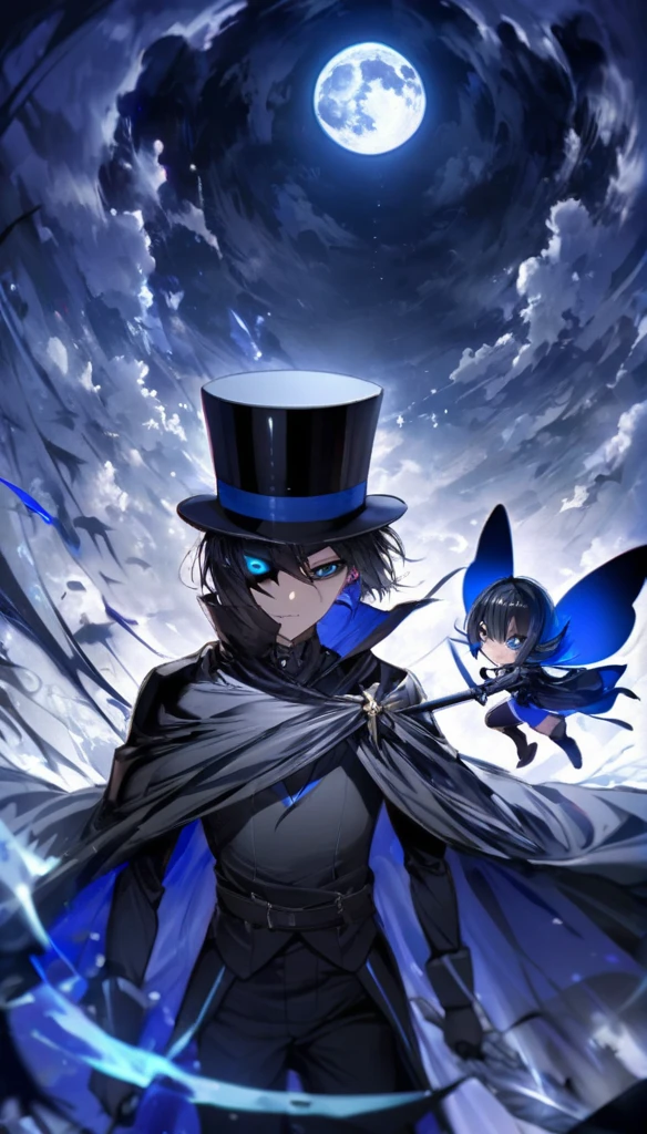 Holding a sword Black mask Glowing eyes Black cape Black top hat Blue full moon Blue fairy Black hair Short hair Male 