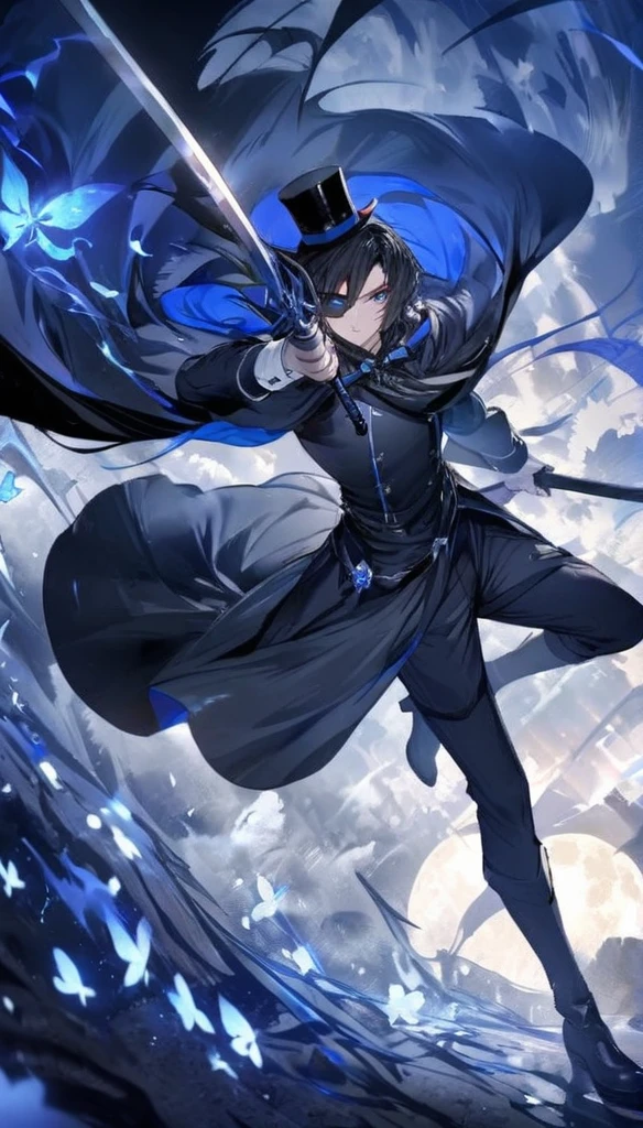 Holding a sword Black mask Glowing eyes Black cape Black top hat Blue full moon Blue fairy Black hair Short hair Male 