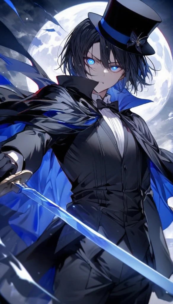 Holding a sword Black mask Glowing eyes Black cape Black top hat Blue full moon Blue fairy Black hair Short hair Male