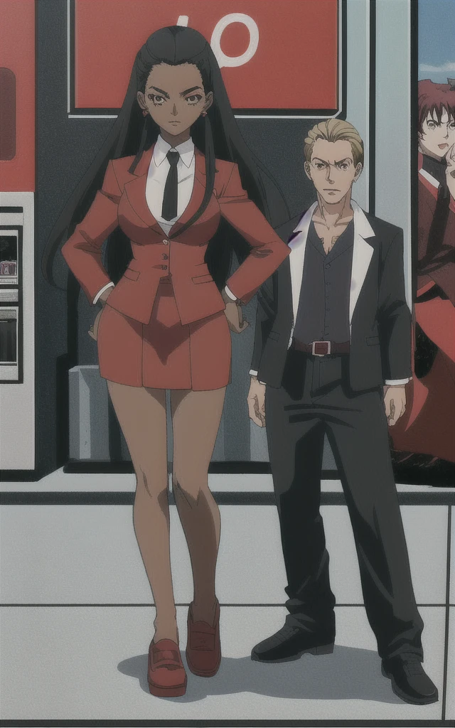 90s anime black skinned business woman in a red skirt and red blazer suit full body
