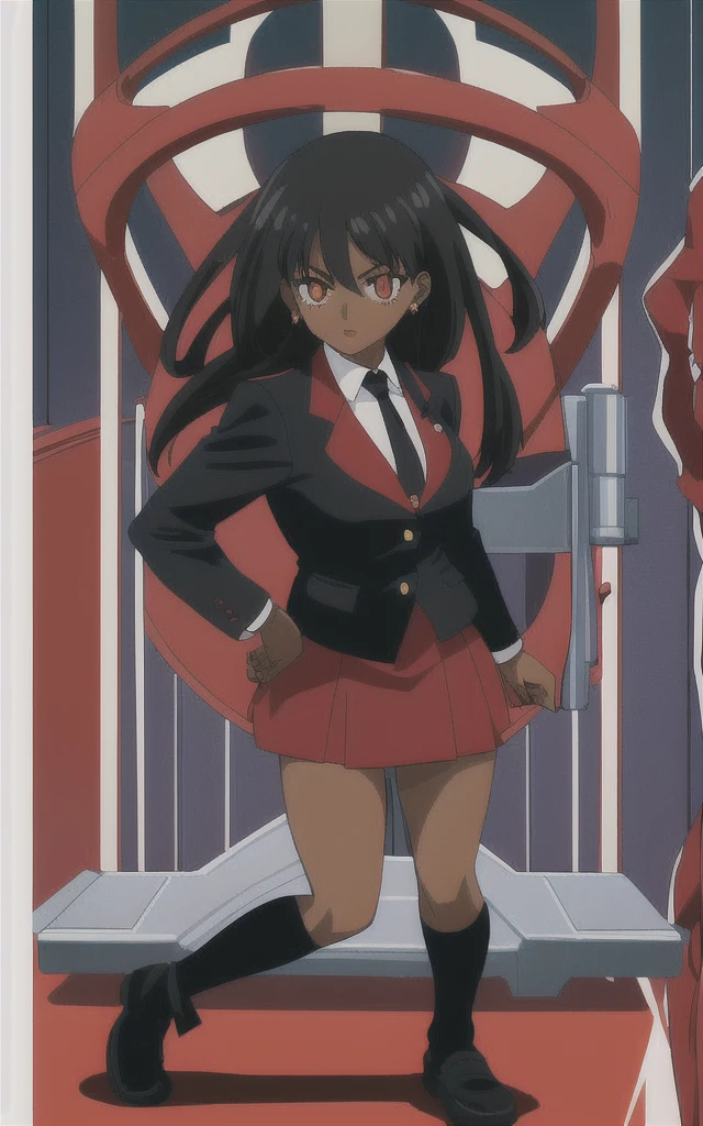 90s anime  black skinned business woman in a red skirt and red blazer suit full body   