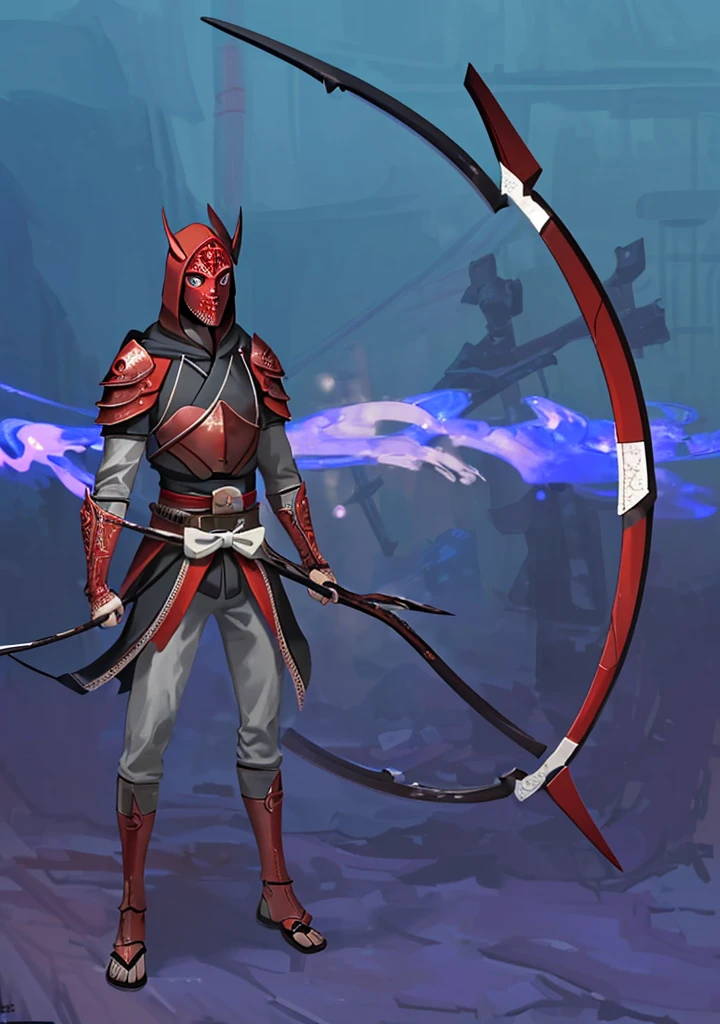 (masterpiece), best quality, high quality art, very detailed texture, super detailed picture high detail texture, high texture detail, super detailed render, hd detailed texture, 1man, standing, master piece, full body character concept, full body character design, full body concept art, Archer, face hidden by Hoodie shadow, Red armor, Red tattoo, swordman, detailed Armor, Archer, beside there is a Arrow, Red symbol, full Gray Armor japan, mask in mouth part