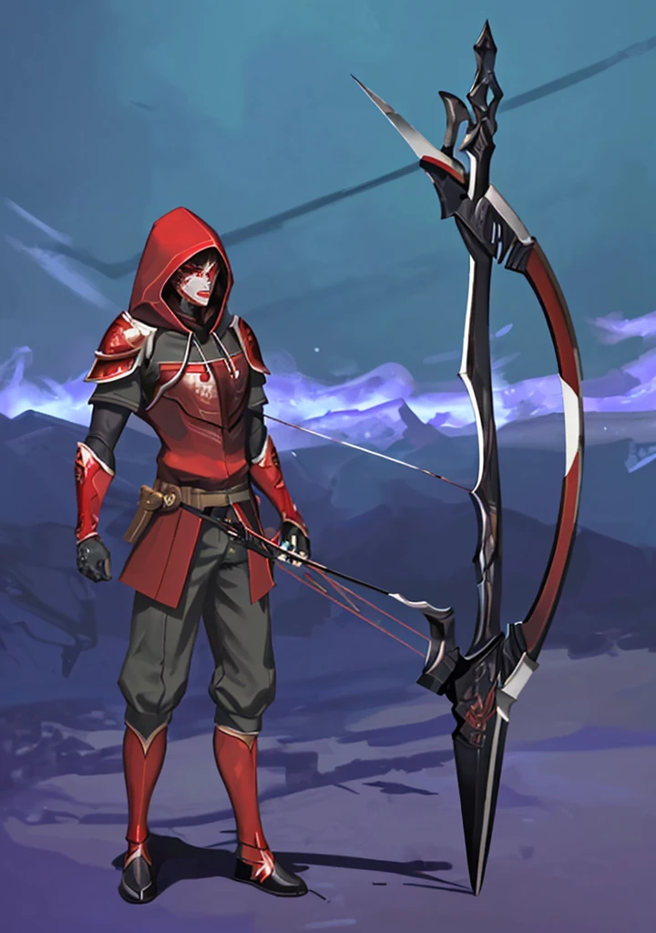 (masterpiece), best quality, high quality art, very detailed texture, super detailed picture high detail texture, high texture detail, super detailed render, hd detailed texture, 1man, standing, master piece, full body character concept, full body character design, full body concept art, Archer, face hidden by Hoodie shadow, Red armor, Red tattoo, swordman, detailed Armor, Archer, beside there is a Arrow, Red symbol, full Gray Armor japan, mask in mouth part