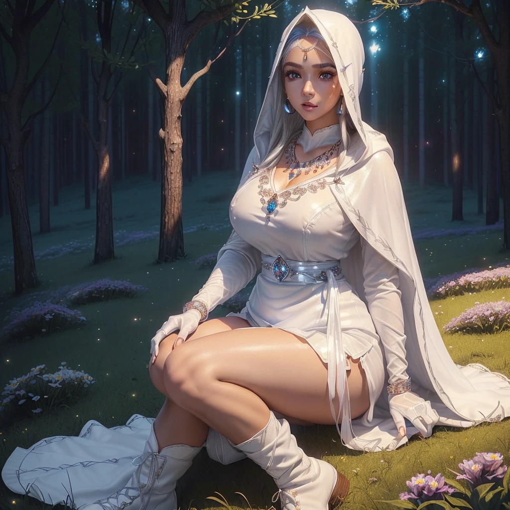 Image ((full body)),realistic 3D anime style,((of a beautiful brown-skinned woman )), (((wearing a long white hooded cloak covering her head up to her forehead ))),((( two long strands of iridescent white hair on each side of her head))),(((detailed face, cymetric))),((s-shaped eyebrows)),((blue eyes with thick eyelashes)) ,((Beautyfull eyes glowing)),(((well detailed eyes))),((full lips)),(beautyfull lips), (((body with nice curves))),((( very large breasts))), (((narrow waist))),(((thick thighs) )),((dressed in a long-sleeved white blouse, qipao collar)), (((earrings, necklace and bracelets all made of sparkling crystal))),((white gloves with cuff)),((short skirt with sash , decorated with fine intricate details)), ((white ankle boots with lapels and laces, knee length)),(( long stockings up to the middle of the thighs)),(((sitting in the blue grass, in the middle of a forest sorrounded by beautyfull glowing flowers, in a clear beautyfull night))),woman looking at the camera,(dinamic posture)((masterpiece)),((high quality)), (( extremely detailed image)), 8k resolution