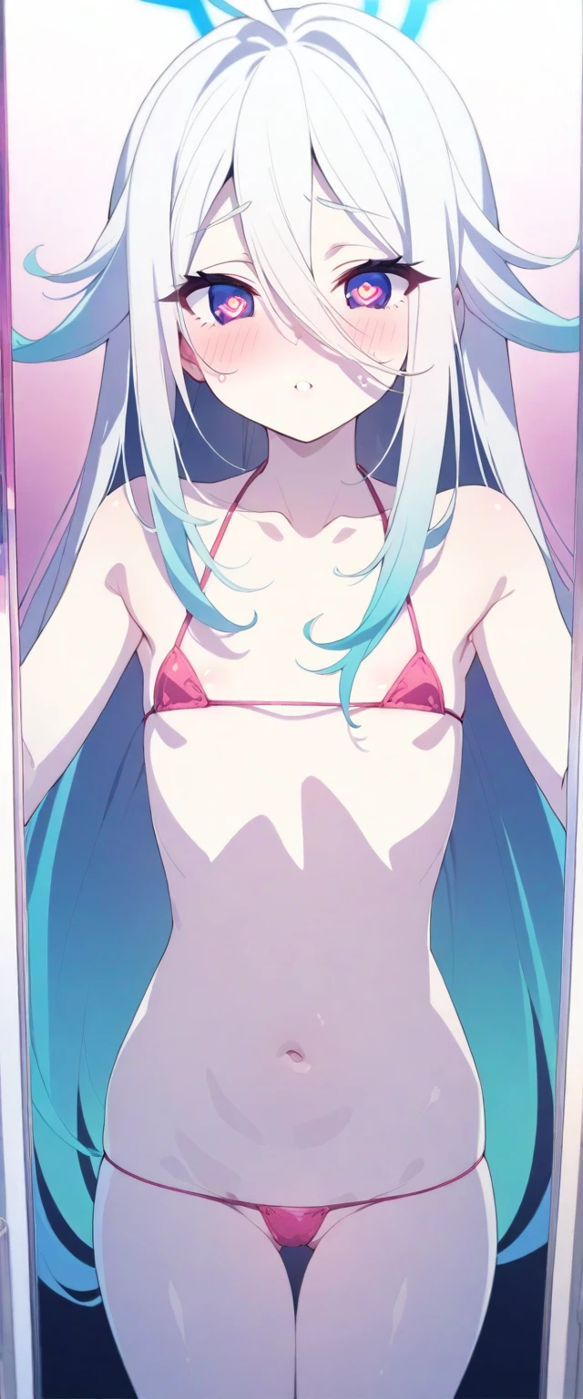 (Highest quality), (High resolution), (masterpiece), (Very detailed), Shiro \(no game No life\),Long Hair,Multicolored Hair,Hair between the eyes,Gradient Hair,Flat Chest,,Blue Archive Art Style, One Girl, Silky skin, Shiny skin, blush, Heart pupil, Heavy breathing,(Micro Bikini), Front view,  (Bright saturation), Press your body against the glass