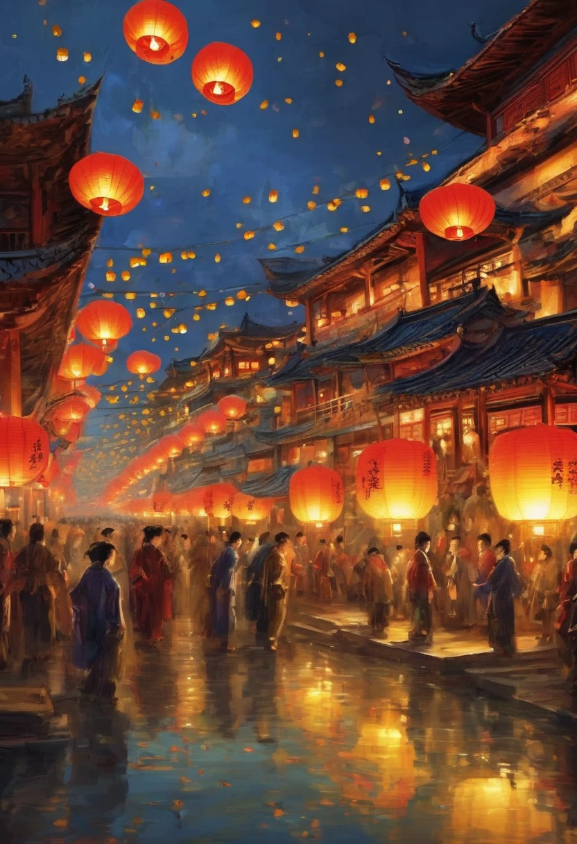 Ancient night scene of the bustling city of Chang'an in the Tang Dynasty. The lights are bright and warm with lanterns of different colours and shapes, yellow lanterns hanging at the entrance, coloured lanterns on the stalls, Kong Ming lanterns floating in the air, surrounded by many pools and glassware reflecting multiple glories. The colours are rich and vibrant and highly saturated. The composition is symmetrically balanced, with the central axis method of arranging the elements in the picture, and the method of dividing the space in the picture in thirds, using horizontal lines to divide the picture into the sky area (1/3) and the ground area (2/3), and vertical lines to divide the picture into the left area (1/3), the middle area (1/3) and the right area (1/3). Wu Daozi, Zhang Xuan, Yan Liben, Wei Xuyan Kongming Lantern Wishing Lantern