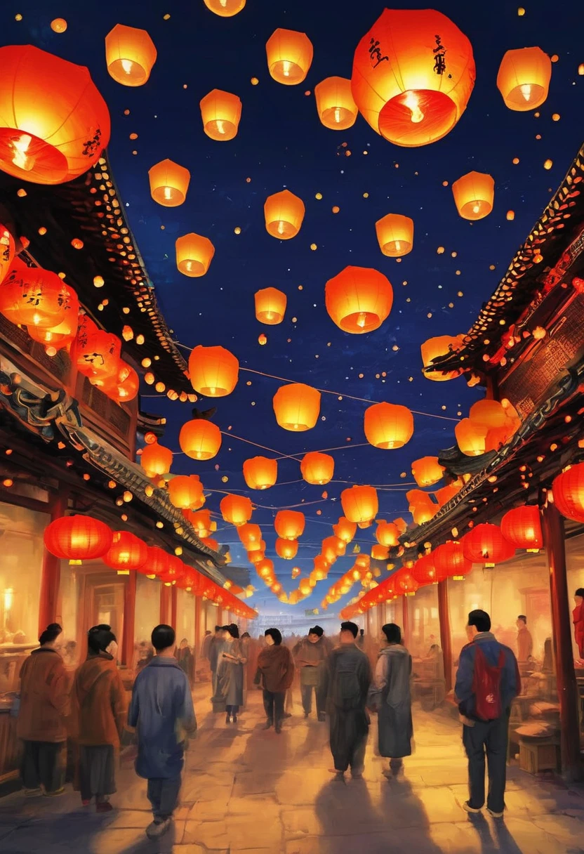 Ancient night scene of the bustling city of Chang'an in the Tang Dynasty. The lights are bright and warm with lanterns of different colours and shapes, yellow lanterns hanging at the entrance, coloured lanterns on the stalls, Kong Ming lanterns floating in the air, surrounded by many pools and glassware reflecting multiple glories. The colours are rich and vibrant and highly saturated. The composition is symmetrically balanced, with the central axis method of arranging the elements in the picture, and the method of dividing the space in the picture in thirds, using horizontal lines to divide the picture into the sky area (1/3) and the ground area (2/3), and vertical lines to divide the picture into the left area (1/3), the middle area (1/3) and the right area (1/3). Wu Daozi, Zhang Xuan, Yan Liben, Wei Xuyan Kongming Lantern Wishing Lantern