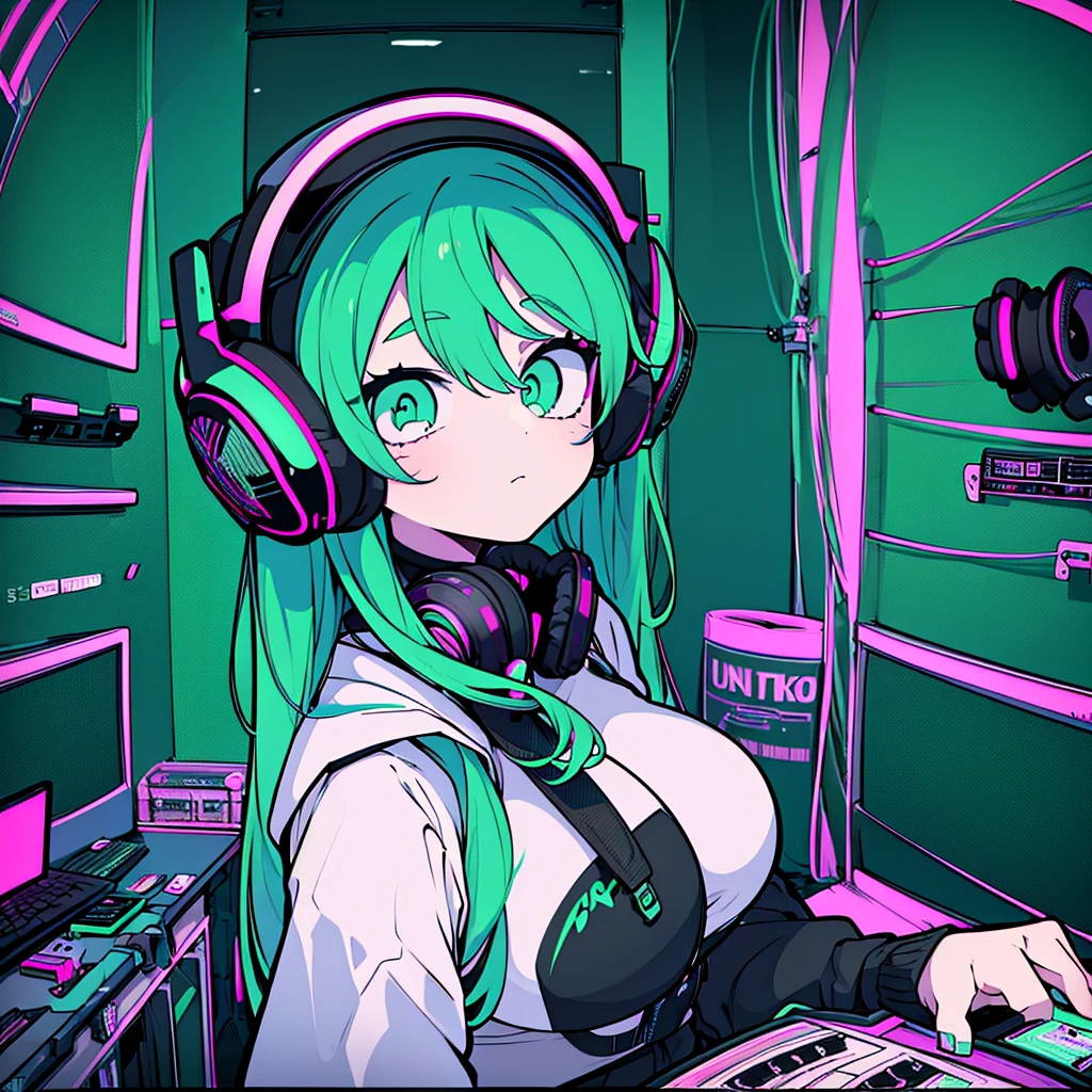 Best quality, (masterpiece), best detail face,1 girl, , 18 yo, 8k,absurdres,unity 8k wall paper,(extremely detailed:1.3), highest realistic, (retro headphones:), (soft neon light:), (psychedelic), Her room full of music equipment and records, sports wear , See the whole room , dark green color pallet