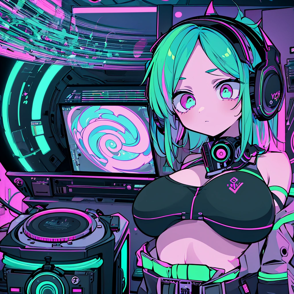 Best quality, (masterpiece), best detail face,1 girl, big breasts, 18 yo, 8k,absurdres,unity 8k wall paper,(extremely detailed:1.3), highest realistic, (retro headphones:), (soft neon light:), (psychedelic), Her room full of music equipment and records, sports wear , See the whole room , dark green color pallet
