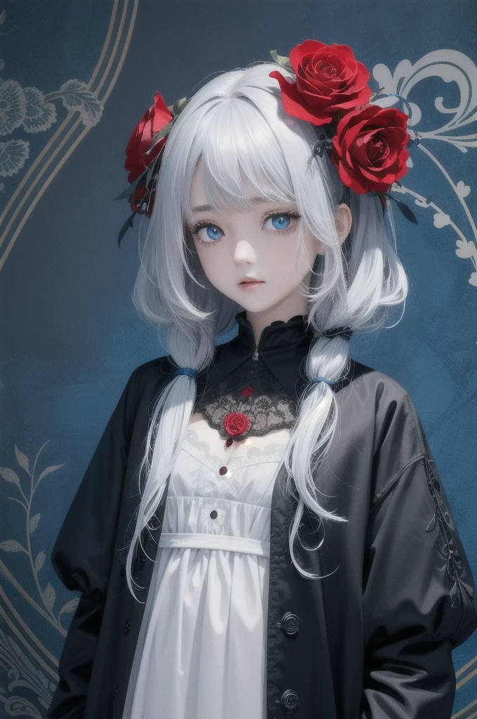 parameters(official art,unity 8k wallpaper,ultra detailed,High quality,best quality:0.9),(zentangle,mandala,tangle,entangle:0.6),,full body,flat color,limited palette,low contrast,(1girl:1.5),独奏,(lycoris flower),(goat skull:1),(horor),(gloomy),(blue pigment:1.33),(hollow eyes:1),(expressionless eyes:1.3),,spirits,(Highest Quality, Amazing Details:1.25),(bright pupils),Red and Black,Girl with red rose,GothicVictorian