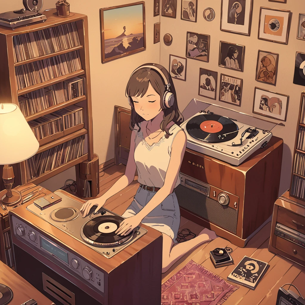 In a cozy room adorned with vintage decor, an anime girl sits comfortably beside a classic record player. The record player is a nostalgic piece, crafted from polished wood with intricate detailing and adorned with leather accents. Soft, warm light from a nearby lamp bathes the room, creating a tranquil ambiance. The girl, dressed in casual attire, wears headphones that are connected to the record player. Her eyes are closed, completely absorbed in the music emanating from the vinyl spinning gently on the turntable. Around her, shelves are lined with a collection of retro vinyl records, each one bearing the marks of a bygone era. The scene captures a moment of pure enjoyment and nostalgia as she immerses herself in the timeless melodies of the past
