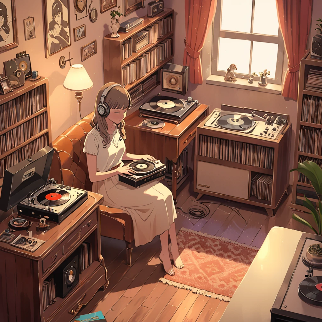 In a cozy room adorned with vintage decor, an anime girl sits comfortably beside a classic record player. The record player is a nostalgic piece, crafted from polished wood with intricate detailing and adorned with leather accents. Soft, warm light from a nearby lamp bathes the room, creating a tranquil ambiance. The girl, dressed in casual attire, wears headphones that are connected to the record player. Her eyes are closed, completely absorbed in the music emanating from the vinyl spinning gently on the turntable. Around her, shelves are lined with a collection of retro vinyl records, each one bearing the marks of a bygone era. The scene captures a moment of pure enjoyment and nostalgia as she immerses herself in the timeless melodies of the past