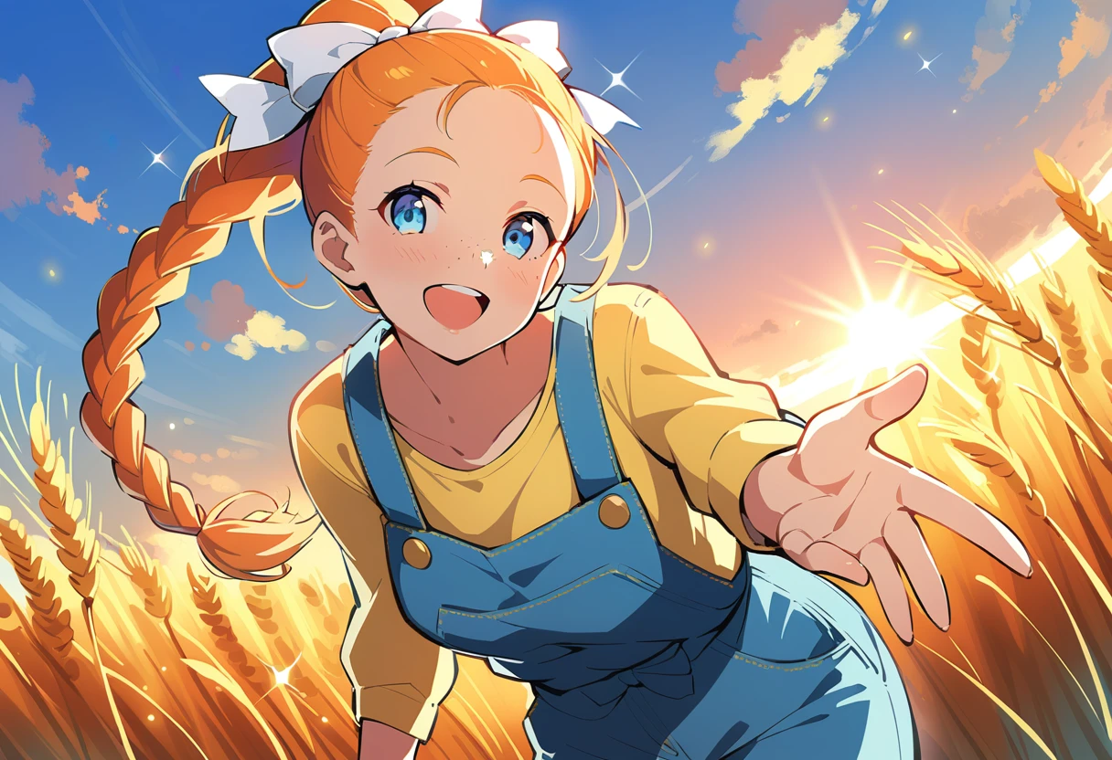 pewarnaan character, visual illustration, @ANN, ann \(harvest moon\), ran \(bokujou monogatari\), aged up, 1girl, ponytail, braid, braided ponytail, single braid, forehead, solo, (overalls), outdoors, sky, wheat, field, (blue overalls), smile, blue eyes, wheat field, looking at viewer, breasts, long sleeves, yellow shirt, orange hair, blonde hair, cowboy shot, collarbone, collared shirt, cleavage, denim, upper teeth only, medium breasts, standing, teeth, oversized clothes, long hair, partially unbuttoned, pants, oversized shirt, buttons, head tilt, flat chest, hair bow, white bow, tomboy, round teeth, plaid shirt, denim overalls, mature female, tall, tall female, slim body, freckles, twilight, cloudy sky, scenery, reaching, grass, floating braid, sunset, cloud, scenery, jeans, bow, hair ribbon, sparkle, sunbeam, light rays, highres, 4k, 8k