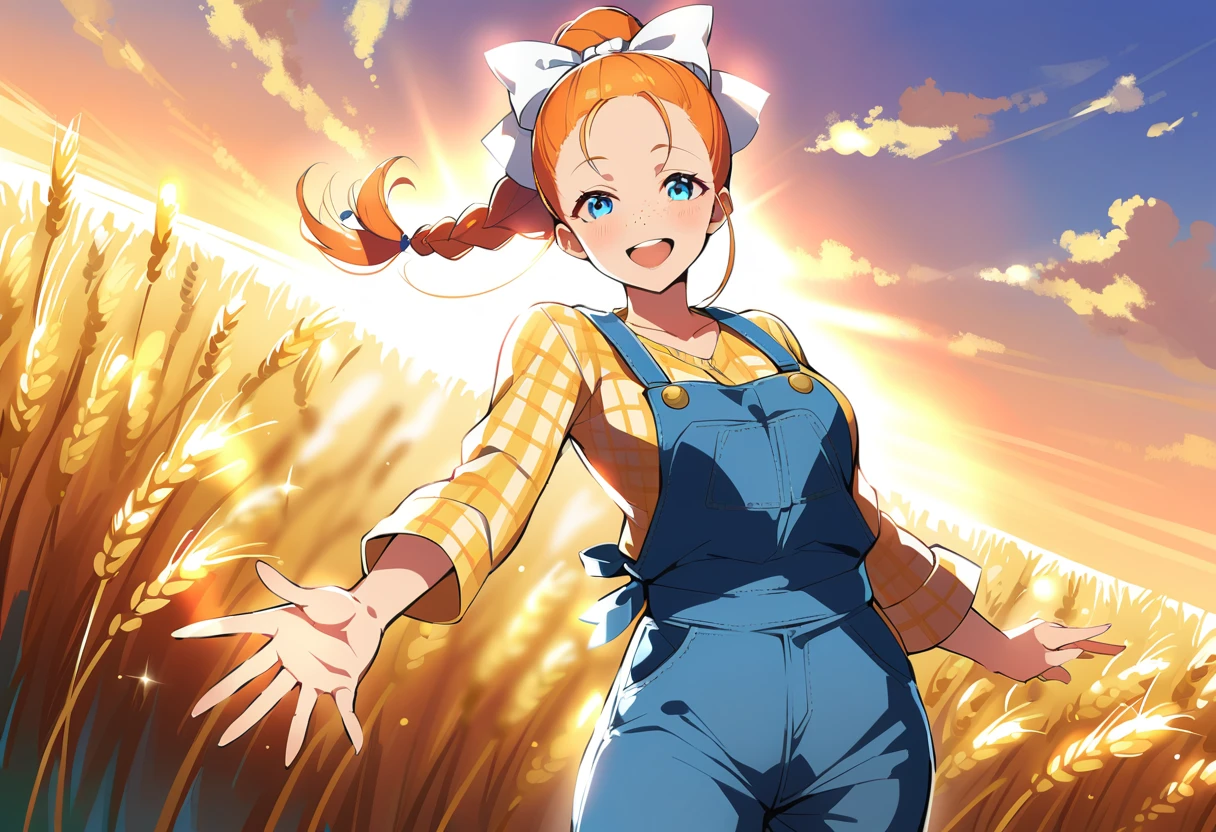 pewarnaan character, visual illustration, @ANN, ann \(harvest moon\), ran \(bokujou monogatari\), aged up, 1girl, ponytail, braid, braided ponytail, single braid, forehead, solo, (overalls), outdoors, sky, wheat, field, (blue overalls), smile, blue eyes, wheat field, looking at viewer, breasts, long sleeves, yellow shirt, orange hair, blonde hair, cowboy shot, collarbone, collared shirt, cleavage, denim, upper teeth only, medium breasts, standing, teeth, oversized clothes, long hair, partially unbuttoned, pants, oversized shirt, buttons, head tilt, flat chest, hair bow, white bow, tomboy, round teeth, plaid shirt, denim overalls, mature female, tall, tall female, slim body, freckles, twilight, cloudy sky, scenery, reaching, grass, floating braid, sunset, cloud, scenery, jeans, bow, hair ribbon, sparkle, sunbeam, light rays, highres, 4k, 8k