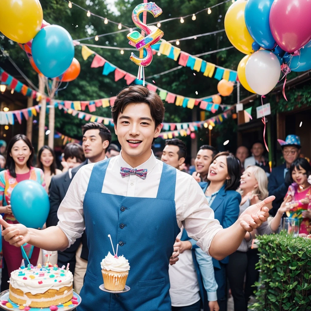 Create a creative and imaginative image of a kind-looking consul man wearing blue clothes and holding a birthday cake. Set him in an unconventional and whimsical setting, such as a magical garden with floating candles and colorful confetti raining down, or a fantastical realm where cakes are giant and candles dance with music. Infuse the image with elements of wonder and celebration, showcasing his role as a bringer of joy and connection.Surround the kind-looking consul man with a vibrant and lively background, such as a festive party scene with balloons, streamers, and joyful guests celebrating. Enhance the atmosphere with bright colors and dynamic elements that symbolize happiness and festivity, creating a visually striking and joyful image.