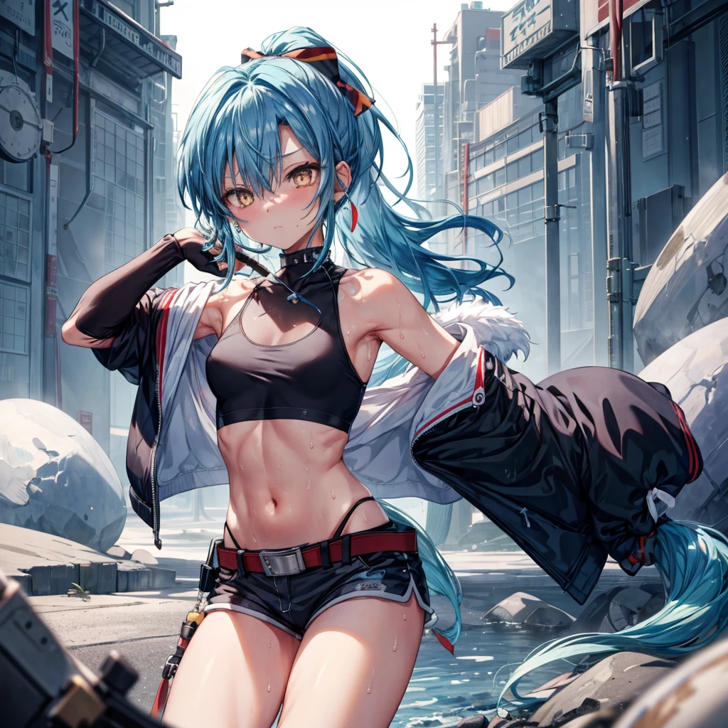 ((Highest quality)), ((masterpiece)), ((detailed)), (4K), a girl with blue hair and a top with short sleeves holding a screw driver, 1girl, 独奏, long hair, blue hair, navel, gloves, shorts, breasts, sweat, wrench, short shorts, very long hair, underwear, panties, holding, belt, arm up, ponytail, small breasts, blurry background, looking at viewer, black gloves, white panties, sports bra, wiping sweat, bow, bare shoulders, bangs, cowboy shot, yellow eyes, midriff, hair bow, expressionless