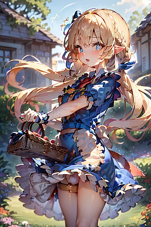 (perky chest:1.2), (pointed chest:1.2),(((Black Tunic:1.3))),(((cakes and bread in the basket),Cute and beautiful girl,Cute round face,Cute smile,with blush cheeks,Red Lip,a girl 22 years old, nsfw:1.2, beautiful body:1.3), shinny skin, BREAK, ((alice in the wonderland:1.3, cute, kawaii, lovely, funny, a girl falling down from sky:1.3, girl flying in sky:1.2, girl floating in air:1.3, rolling upskirt by wind:1.5, (with sparkling eyes and a contagious smile),open mouth, Looking at Viewer, surprised, putting hands on crotch over the skirts:1.35)), BREAK, ((floating things as follows:1.3, PlayingCards, Trump, tea cup, tea pot, tea spoons, pocket watch:1.3, lip sticks, candies:1.2, cookies, jam bottles, classical door_keys)), ((long purply_Blue dress :1.5, wearing long flaired skirt:1.3, the skirt is blowing:1.3, cute White Apron, black stockingedium long platinum-blonde hair:1.2, twin tail hair:1.6, tied hair with a cute ribbon), (Blue eyes, bright pupils with highlights, detailed eyes), (lying down on your back:0.7, spreading legs with rising up straight:0.7), sexy posture, fantastic colorful art, (fantasy art:1.2, wondered images), ((correct anatomy:1.5, perfect anatomy:1.3, correct hand, )),
