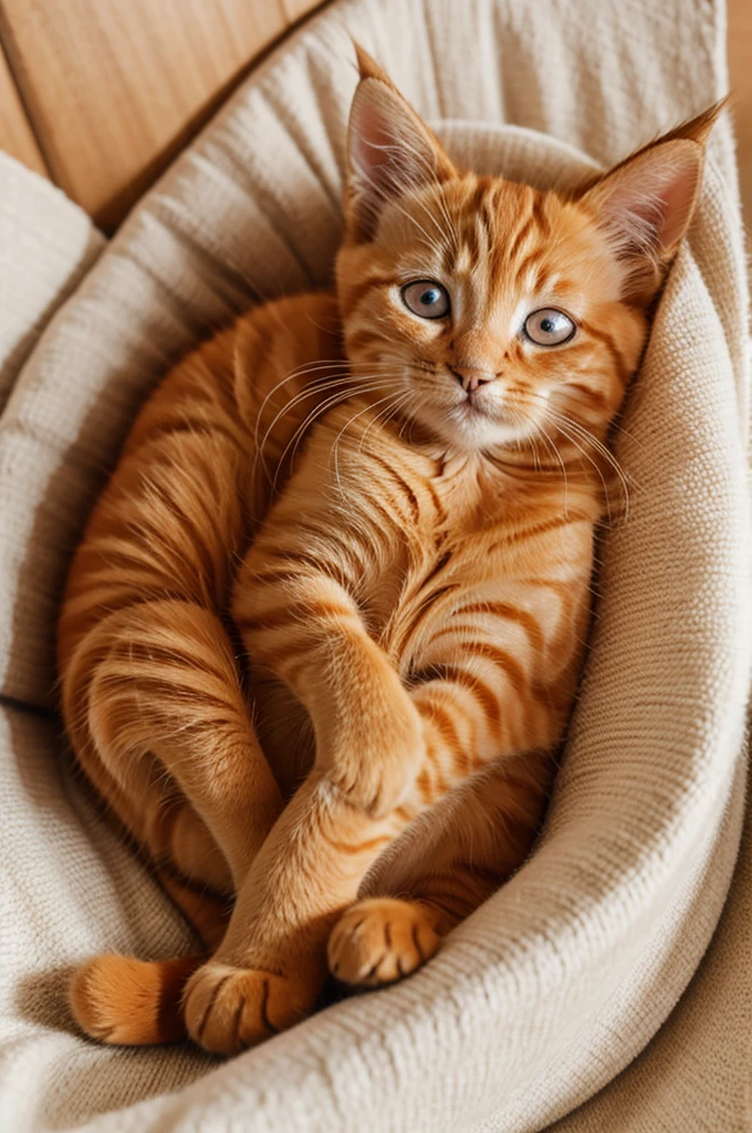 An orange kitten asleep in her bed