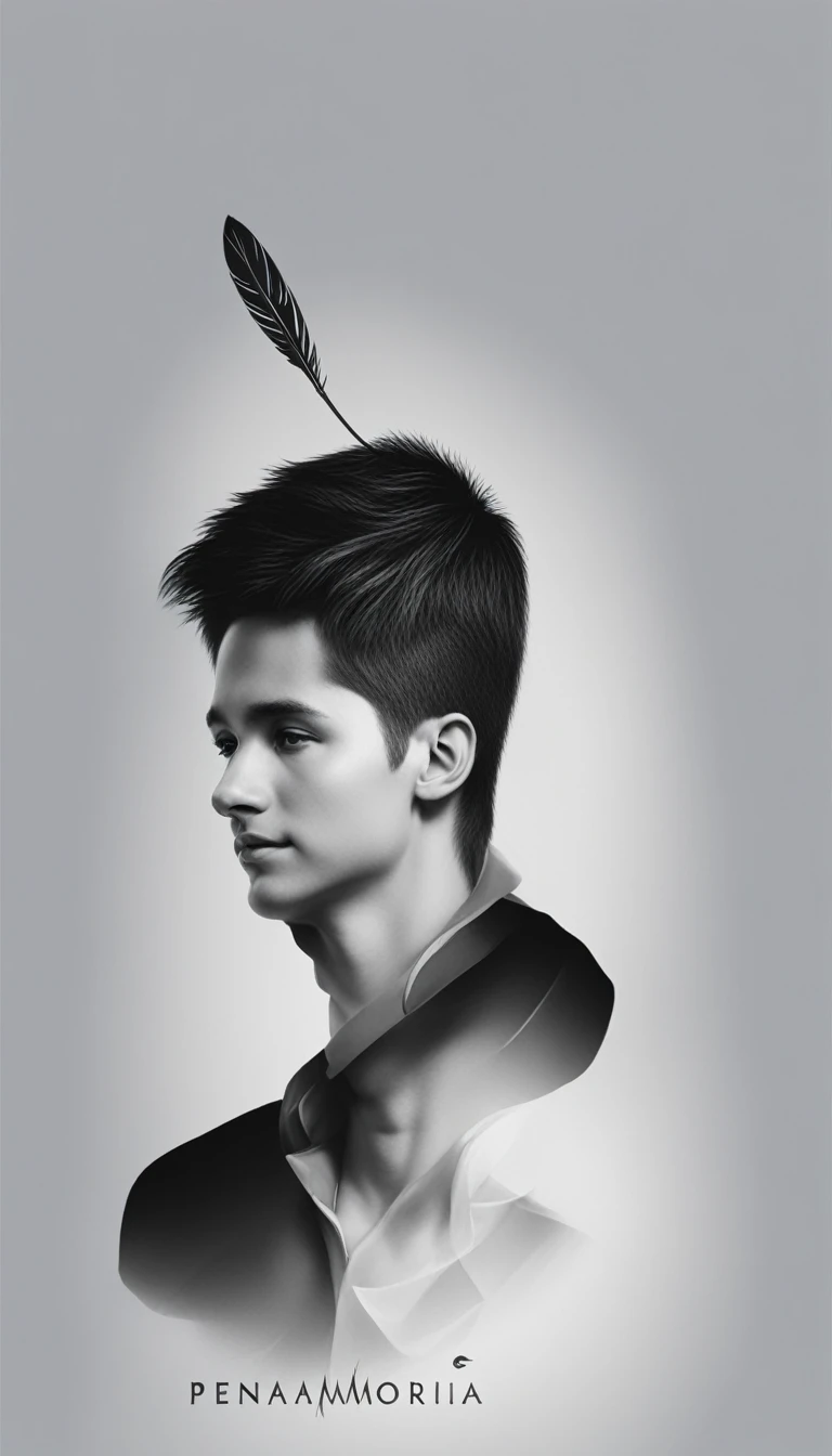 Create a minimal, modern, simple, inspirational, memorable, dream like logo design of a boy and a feather for the brand “Penamemoria".
