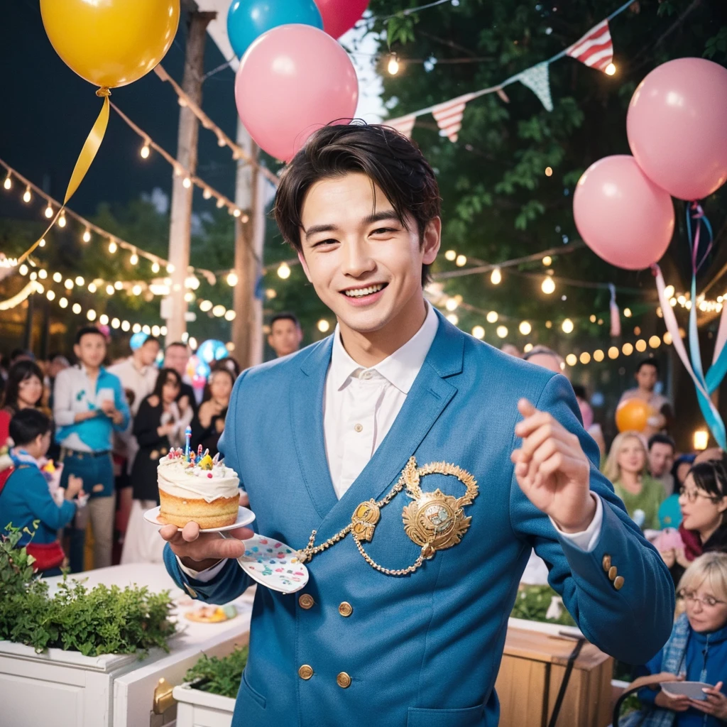 Create a creative and imaginative image of a kind-looking consul man wearing blue clothes and holding a birthday cake. Set him in an unconventional and whimsical setting, such as a magical garden with floating candles and colorful confetti raining down, or a fantastical realm where cakes are giant and candles dance with music. Infuse the image with elements of wonder and celebration, showcasing his role as a bringer of joy and connection.Surround the kind-looking consul man with a vibrant and lively background, such as a festive party scene with balloons, streamers, and joyful guests celebrating. Enhance the atmosphere with bright colors and dynamic elements that symbolize happiness and festivity, creating a visually striking and joyful image.