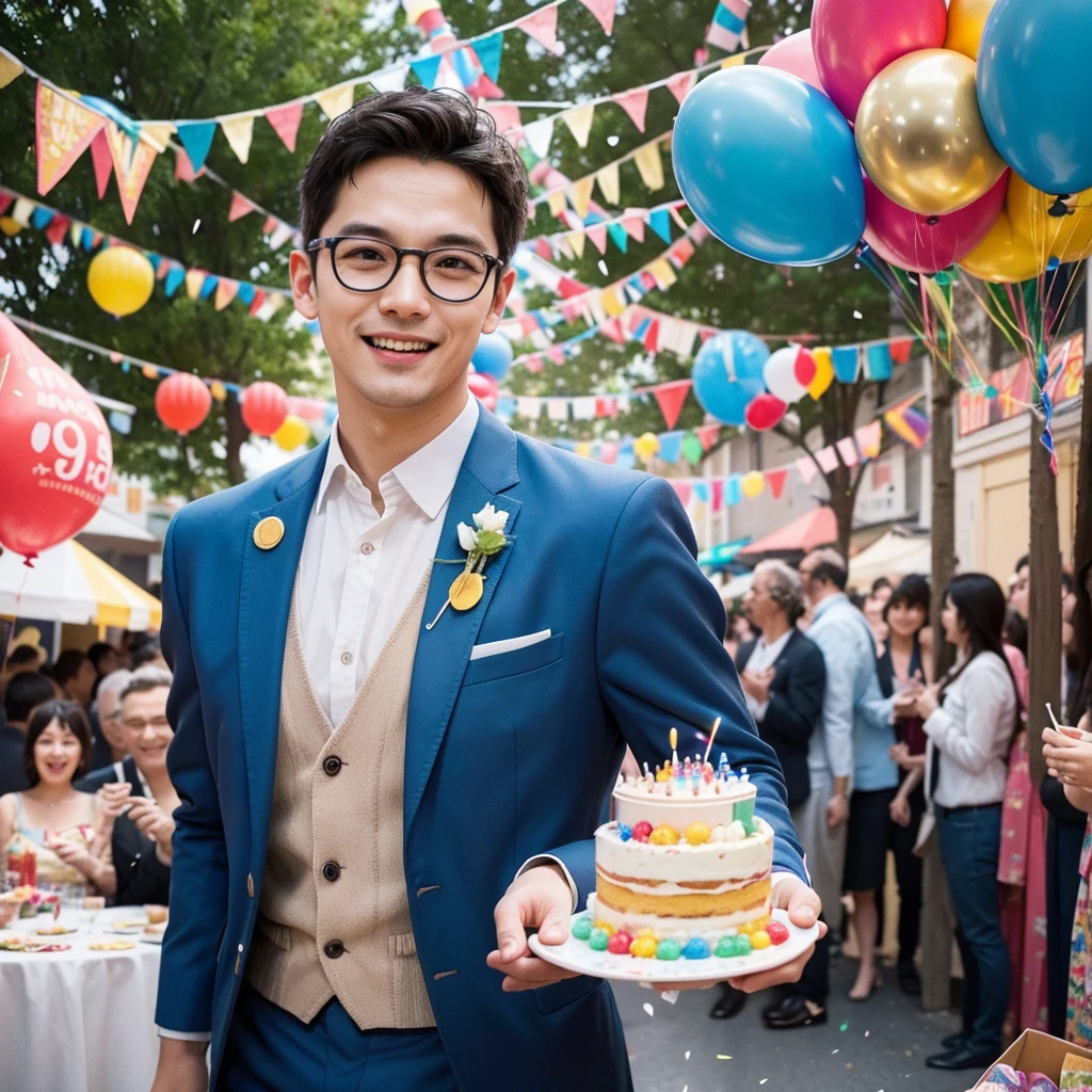 Create a creative and imaginative image of a kind-looking consul man wearing blue clothes and holding a birthday cake. Set him in an unconventional and whimsical setting, such as a magical garden with floating candles and colorful confetti raining down, or a fantastical realm where cakes are giant and candles dance with music. Infuse the image with elements of wonder and celebration, showcasing his role as a bringer of joy and connection.Surround the kind-looking consul man with a vibrant and lively background, such as a festive party scene with balloons, streamers, and joyful guests celebrating. Enhance the atmosphere with bright colors and dynamic elements that symbolize happiness and festivity, creating a visually striking and joyful image.