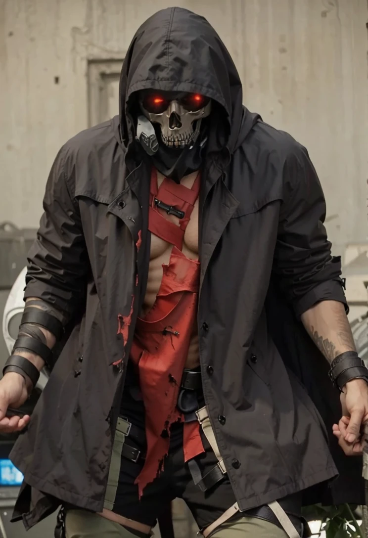 Death black trench coat and hood and bloody bandages raping around his chest 