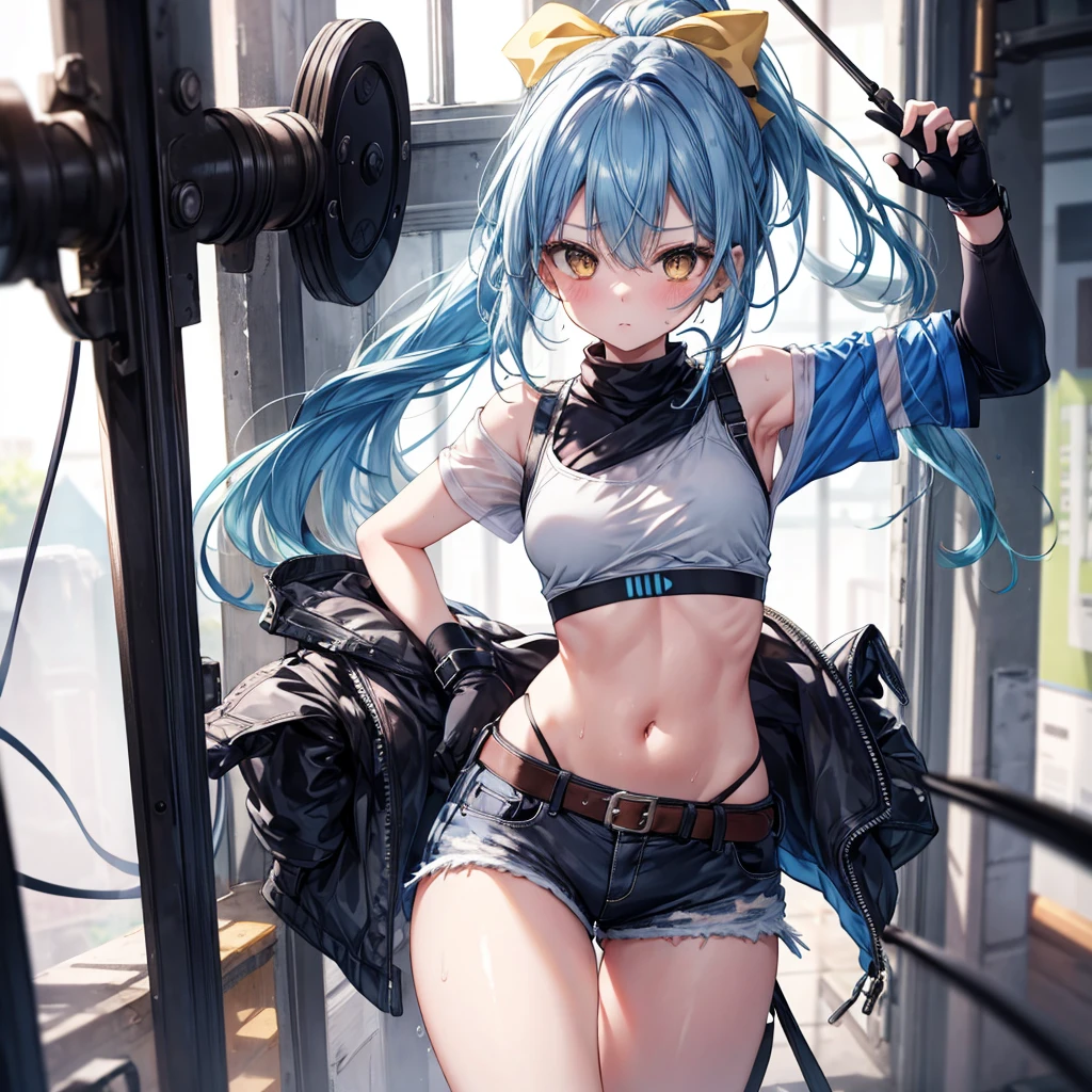 ((Highest quality)), ((masterpiece)), ((detailed)), (4K), a girl with blue hair and a top with short sleeves holding a screw driver, 1girl, 独奏, long hair, blue hair, navel, gloves, shorts, breasts, sweat, wrench, short shorts, very long hair, underwear, panties, holding, belt, arm up, ponytail, small breasts, blurry background, looking at viewer, black gloves, white panties, sports bra, wiping sweat, bow, bare shoulders, bangs, cowboy shot, yellow eyes, midriff, hair bow, expressionless