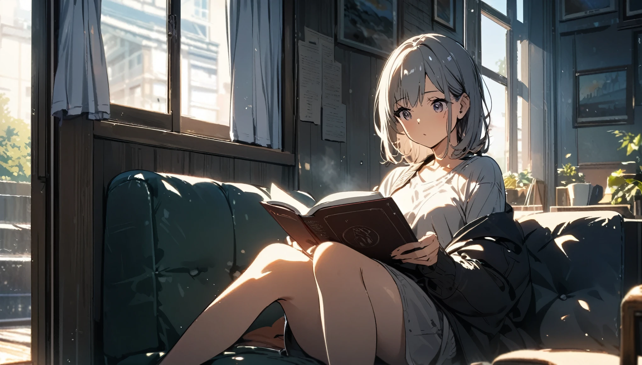 Girl sitting on sofa reading a book,In front of a large window,Morning sunlight,Streetscape