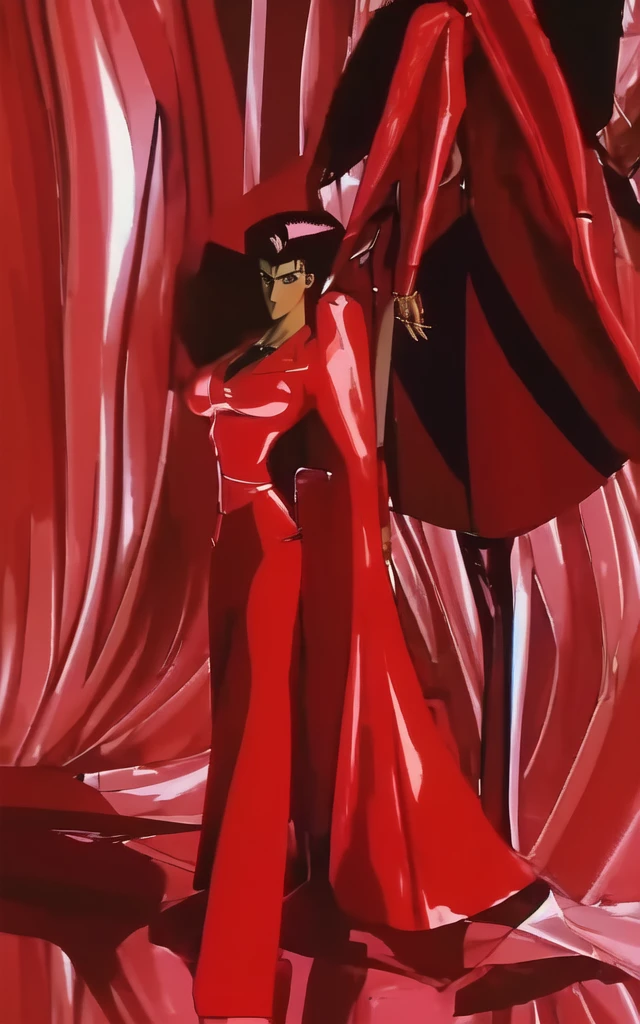 90s anime black skinned business woman in a red skirt and red blazer suit full body