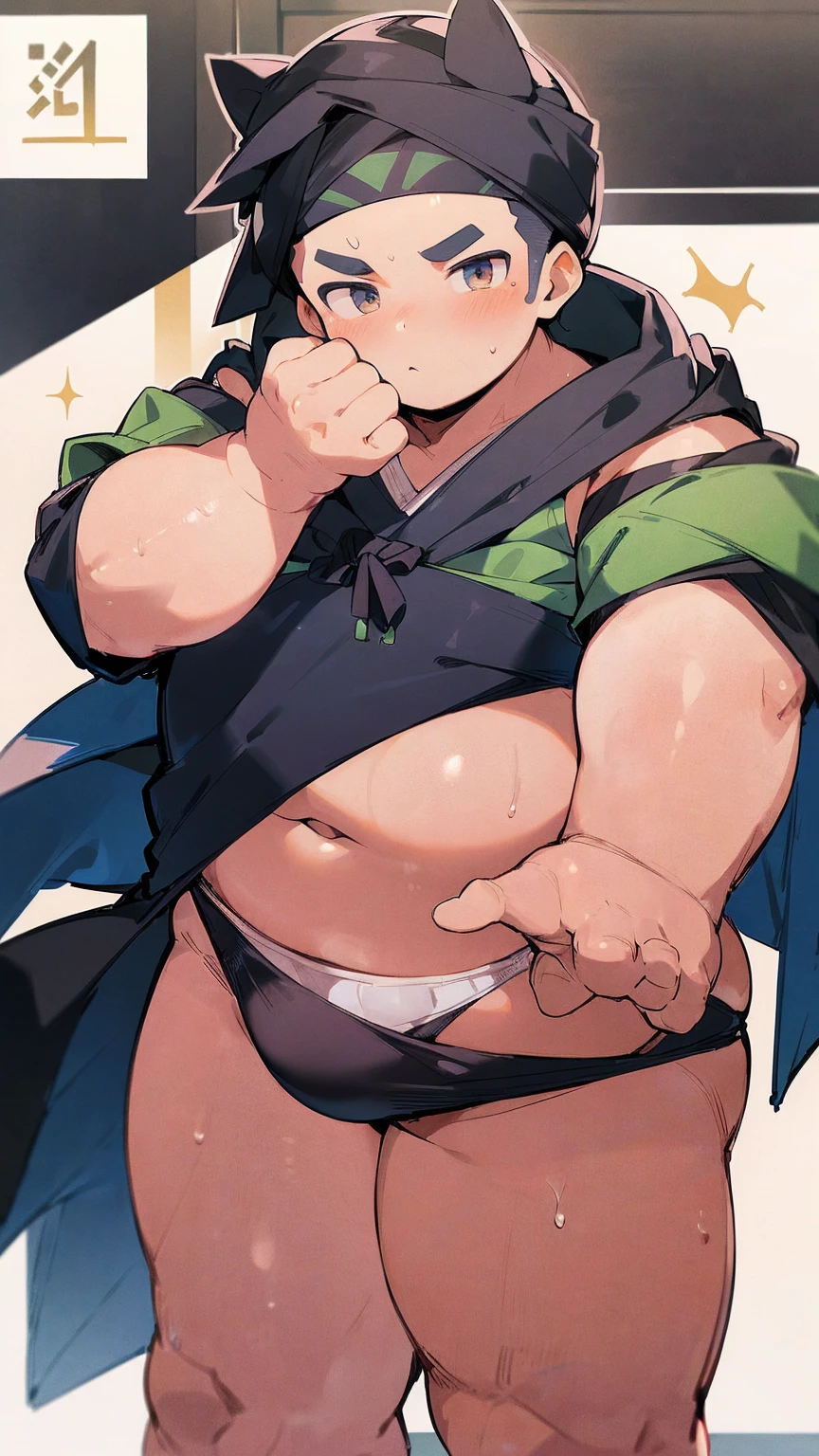 ((androgynous)), beautiful, (pudgy face), (thick),(ikemen), ((boyish)), (handsome), (chubby), belly, muscular, (beefy), ((Ninja)), (cool), ((Wearing a black hood)), ((Only the eyes are visible through the hood)), ((A black bandana covers his mouth)), ((Helmet-like hood))