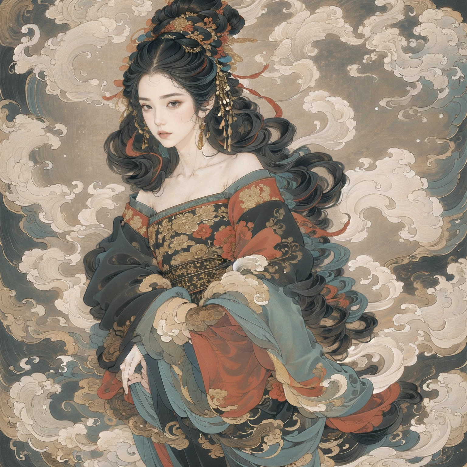 guofeng,Illustrated,black eyes,long hair,multiple colors,high definition,Rich in intricate details,8K,illustration,crazy colors,off shoulder, 1girl,chinese