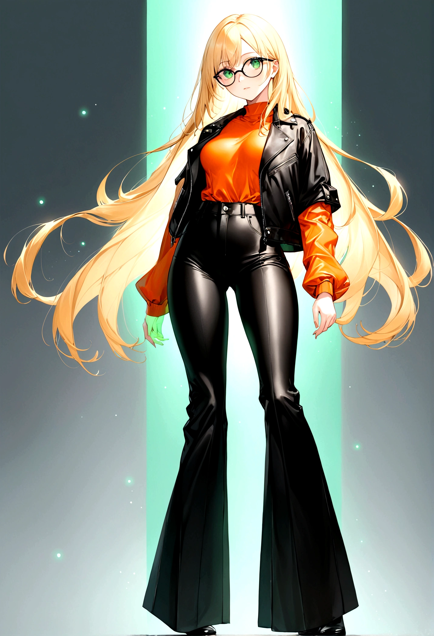 a beautiful girl, with long blonde hair, who wears black glasses, with wide hips, narrow waist, flat chest, pretty face, with green eyes, 18 years, perfect and glowing skin, wearing flared leather pants and a leather jacket, with an orange blouse, full body.