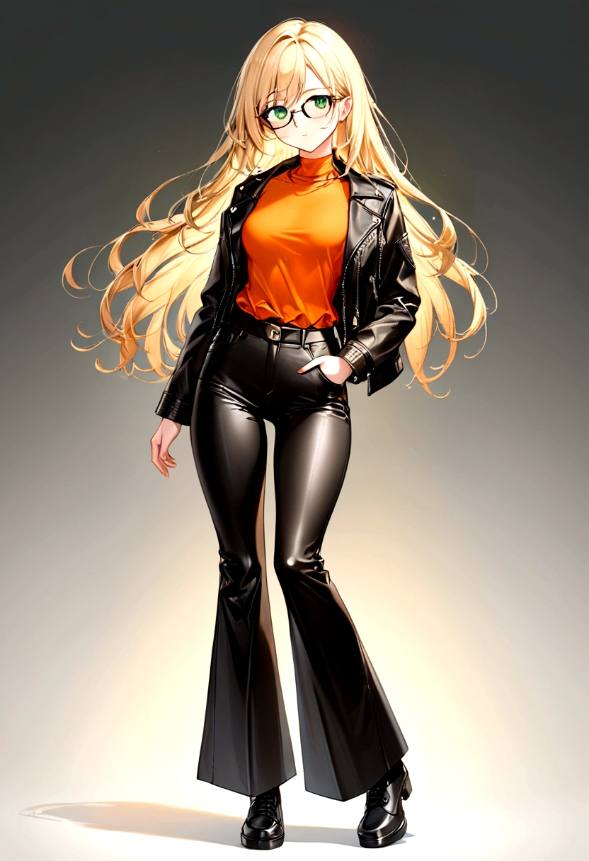 a beautiful girl, with long blonde hair, who wears black glasses, with wide hips, narrow waist, flat chest, pretty face, with green eyes, 18 years, perfect and glowing skin, wearing flared leather pants and a leather jacket, with an orange blouse, full body.