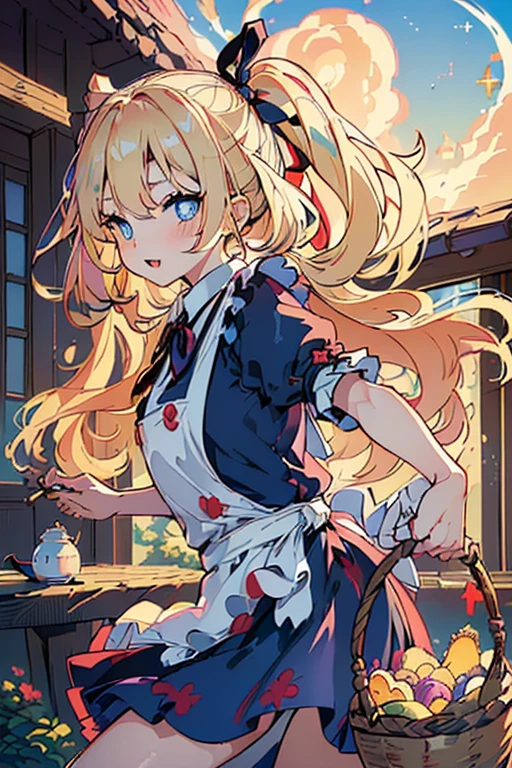 (perky chest:1.2), (pointed chest:1.2),(((Black Tunic:1.3))),(((cakes and bread in the basket),Cute and beautiful girl,Cute round face,Cute smile,with blush cheeks,Red Lip,a girl 22 years old, nsfw:1.2, beautiful body:1.3), shinny skin, BREAK, ((alice in the wonderland:1.3, cute, kawaii, lovely, funny, a girl falling down from sky:1.3, girl flying in sky:1.2, girl floating in air:1.3, rolling upskirt by wind:1.5, (with sparkling eyes and a contagious smile),open mouth, Looking at Viewer, surprised, putting hands on crotch over the skirts:1.35)), BREAK, ((floating things as follows:1.3, PlayingCards, Trump, tea cup, tea pot, tea spoons, pocket watch:1.3, lip sticks, candies:1.2, cookies, jam bottles, classical door_keys)), ((long purply_Blue dress :1.5, wearing long flaired skirt:1.3, the skirt is blowing:1.3, cute White Apron, black stockingedium long platinum-blonde hair:1.2, twin tail hair:1.6, tied hair with a cute ribbon), (Blue eyes, bright pupils with highlights, detailed eyes), (lying down on your back:0.7, spreading legs with rising up straight:0.7), sexy posture, fantastic colorful art, (fantasy art:1.2, wondered images), ((correct anatomy:1.5, perfect anatomy:1.3, correct hand, )),
