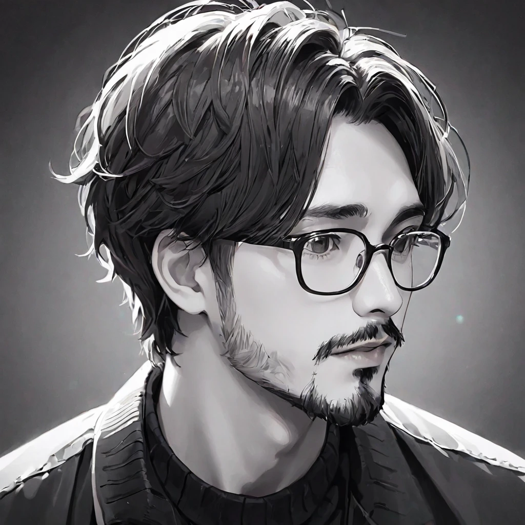 (((Black and white art:1.2、Sepia photo、RAW Photos、Film Grain)))、highest quality、High resolution、High resolution、Cinema Lighting、Black and white photography、Professional Photographer、Attractive hairstyle、man, with stubble, short beard, short mustache, Beard scum, slightly curly hair, and black square plastic-framed glasses，whole body