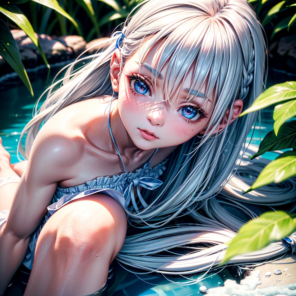 Tokidoki Bosotto a young girl sitting by a serene light blue lake, surrounded by lush vegetation and a snowy mountain in the distance, wearing a white bikini with a small red ribbon tied on the left side of her white hair, pale skin, white eyebrows and eyelashes, blue eyes, a cute and gentle facial expression, (best quality,4k,8k,highres,masterpiece:1.2),ultra-detailed,(realistic,photorealistic,photo-realistic:1.37),HDR,UHD,studio lighting,ultra-fine painting,sharp focus,physically-based rendering,extreme detail description,professional,vivid colors,bokeh,portrait