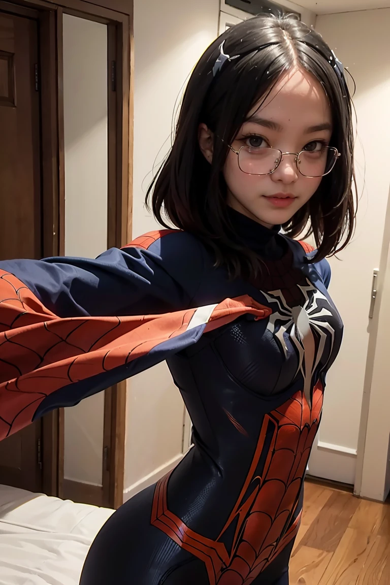 Beautiful woman detailed defined body using black spider man cosplay,
