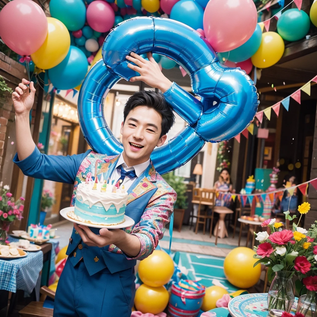 Create a creative and imaginative image of a kind-looking consul man wearing blue clothes and holding a birthday cake. Set him in an unconventional and whimsical setting, such as a magical garden with floating candles and colorful confetti raining down, or a fantastical realm where cakes are giant and candles dance with music. Infuse the image with elements of wonder and celebration, showcasing his role as a bringer of joy and connection.Surround the kind-looking consul man with a vibrant and lively background, such as a festive party scene with balloons, streamers, and joyful guests celebrating. Enhance the atmosphere with bright colors and dynamic elements that symbolize happiness and festivity, creating a visually striking and joyful image.