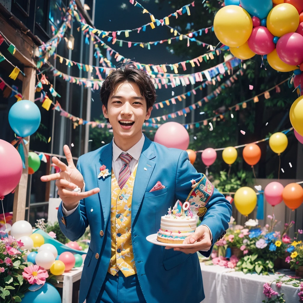 Create a creative and imaginative image of a kind-looking consul man wearing blue clothes and holding a birthday cake. Set him in an unconventional and whimsical setting, such as a magical garden with floating candles and colorful confetti raining down, or a fantastical realm where cakes are giant and candles dance with music. Infuse the image with elements of wonder and celebration, showcasing his role as a bringer of joy and connection.Surround the kind-looking consul man with a vibrant and lively background, such as a festive party scene with balloons, streamers, and joyful guests celebrating. Enhance the atmosphere with bright colors and dynamic elements that symbolize happiness and festivity, creating a visually striking and joyful image.