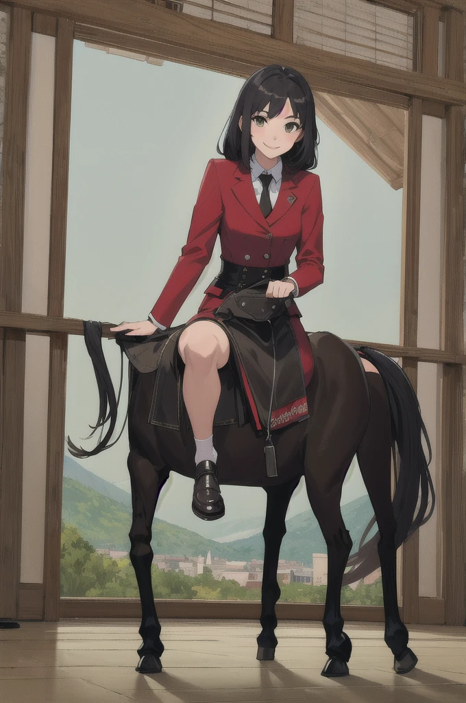 (masterpiece, Highest quality:1.2), alone, One girl, Big horse, smile, View your viewers, Sitting, Chair, Have, Horse&#39;s ears, vestige , Purple Shirt, Puff short sleeves, White Skirt, White knee socks, Horse tail, indoor, classroom 